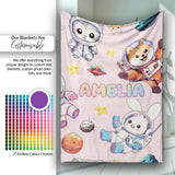 Space Animals Astronaut Dog Bunny UFO Stars Seamless Blush Pink  Personalised Custom Name Super Soft Fleece Blanket Bed Sofa Throw
