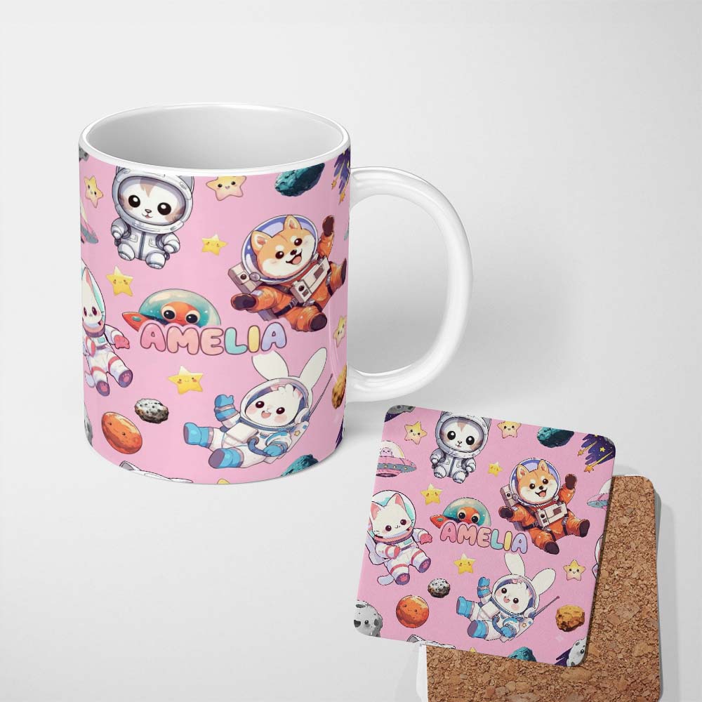 Personalized Custom Name Space Animals Astronaut Dog Bunny UFO Stars Seamless Soft Pink 11oz Ceramic Coffee Tea Mug White Large Handle