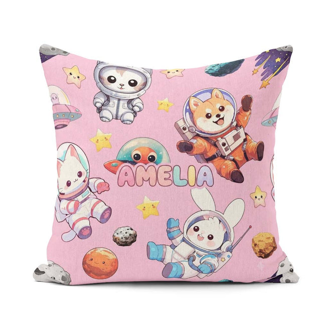 Custom Name Space Animals Dog Bunny UFO Stars Seamless Soft Pink Square Filled Cushion Throw Pillow Sofa Bed Home Decor Zip Washable UK Made