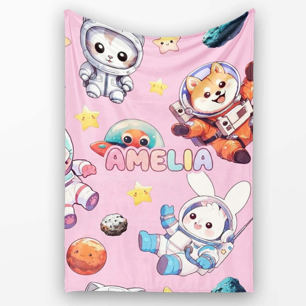 Space Animals Astronaut Dog Bunny UFO Stars Seamless Soft Pink  Personalised Custom Name Super Soft Fleece Blanket Bed Sofa Throw