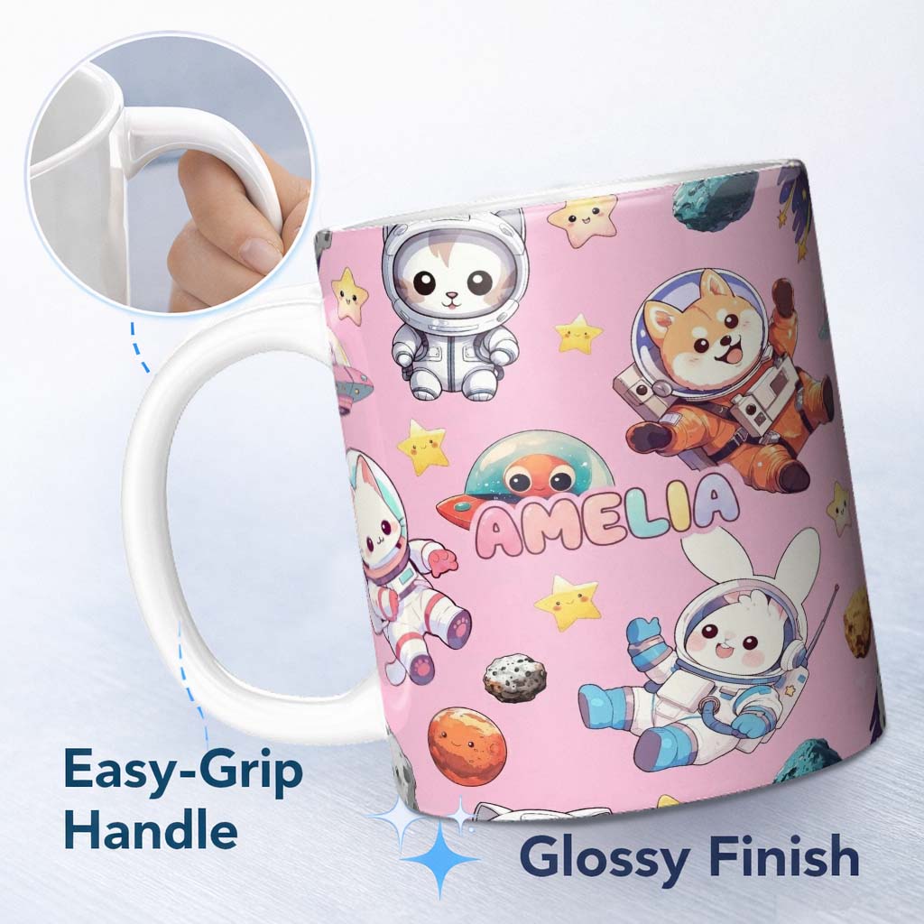 Personalized Custom Name Space Animals Astronaut Dog Bunny UFO Stars Seamless Soft Pink 11oz Ceramic Coffee Tea Mug White Large Handle