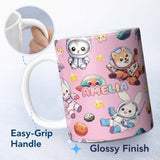 Personalized Custom Name Space Animals Astronaut Dog Bunny UFO Stars Seamless Soft Pink 11oz Ceramic Coffee Tea Mug White Large Handle