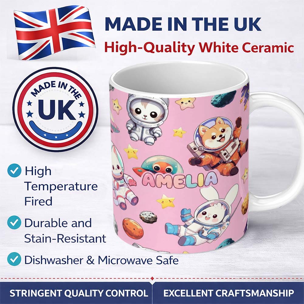 Personalized Custom Name Space Animals Astronaut Dog Bunny UFO Stars Seamless Soft Pink 11oz Ceramic Coffee Tea Mug White Large Handle
