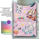 Space Animals Astronaut Dog Bunny UFO Stars Seamless Soft Pink  Personalised Custom Name Super Soft Fleece Blanket Bed Sofa Throw
