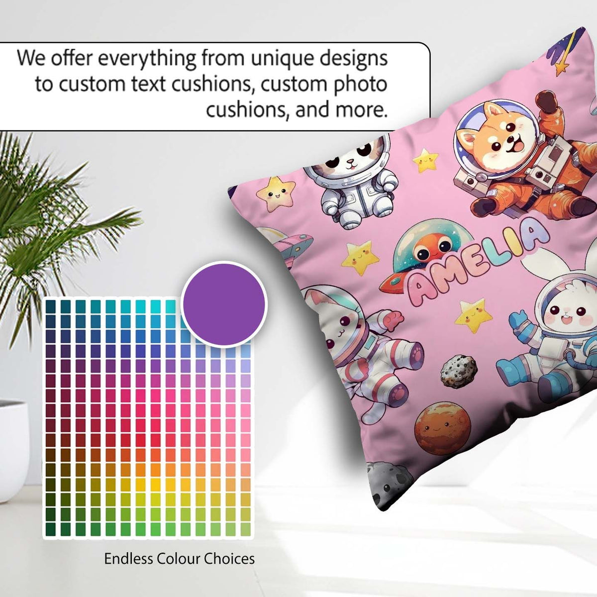 Custom Name Space Animals Dog Bunny UFO Stars Seamless Soft Pink Square Filled Cushion Throw Pillow Sofa Bed Home Decor Zip Washable UK Made