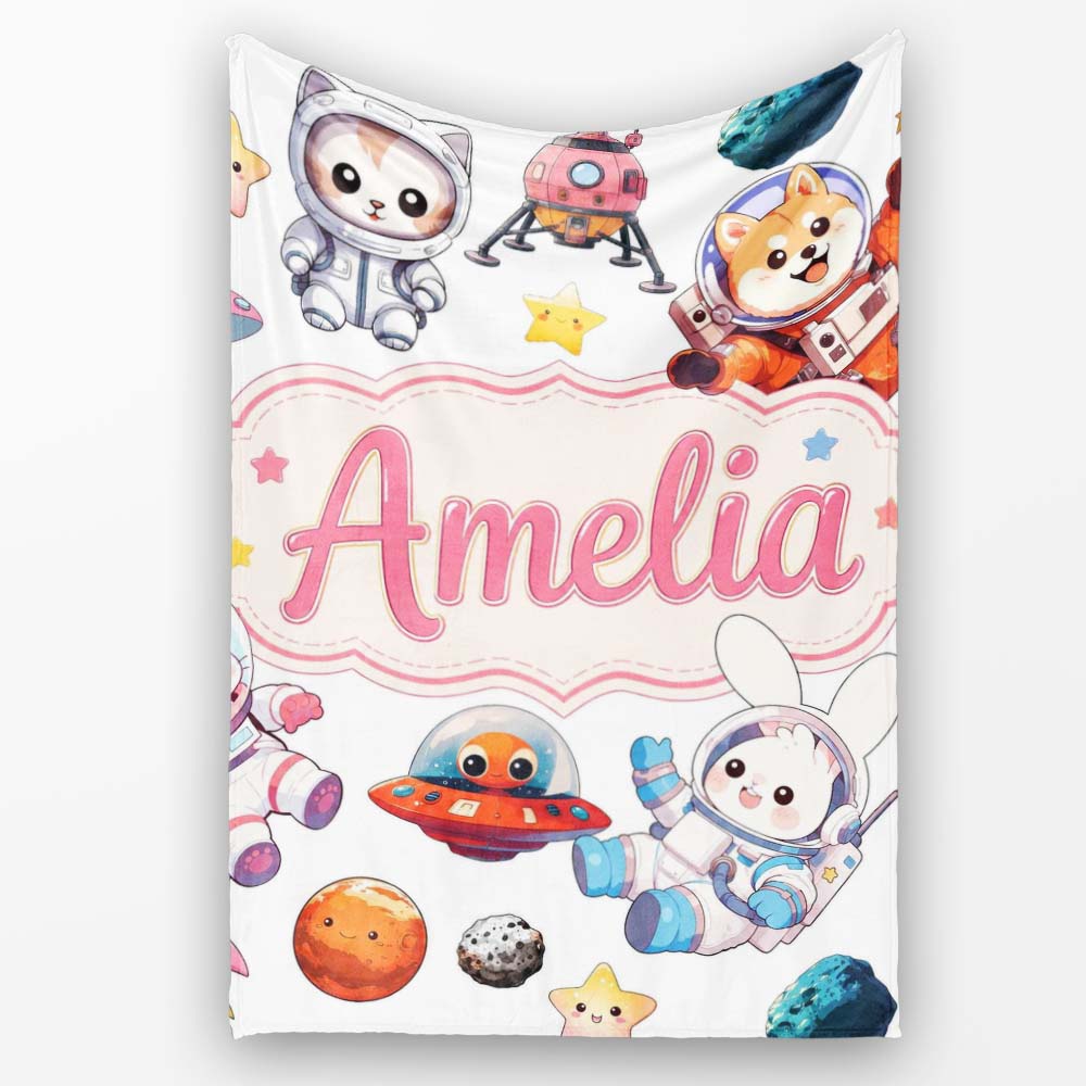 Space Animals Astronaut Dog Bunny UFO Stars Seamless Light Grey  Personalised Custom Name Super Soft Fleece Blanket Bed Sofa Throw