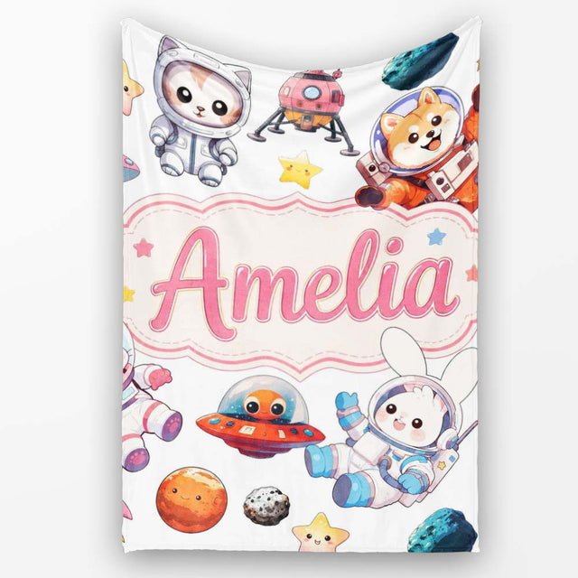 Space Animals Astronaut Dog Bunny UFO Stars Seamless Light Grey  Personalised Custom Name Super Soft Fleece Blanket Bed Sofa Throw