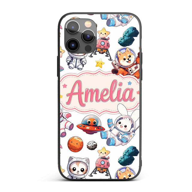 Space Animals Astronaut Dog Bunny Printed Design Custom Name Protective Phone Case Mobile Cover Durable Everyday Smartphone Shock Resistant