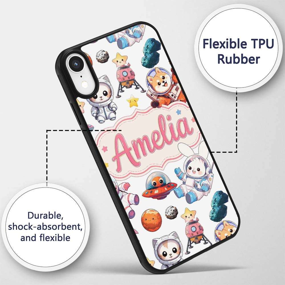 Space Animals Astronaut Dog Bunny Printed Design Custom Name Protective Phone Case Mobile Cover Durable Everyday Smartphone Shock Resistant
