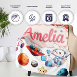 Space Animals Astronaut Dog Bunny UFO Stars Seamless Light Grey  Personalised Custom Name Super Soft Fleece Blanket Bed Sofa Throw