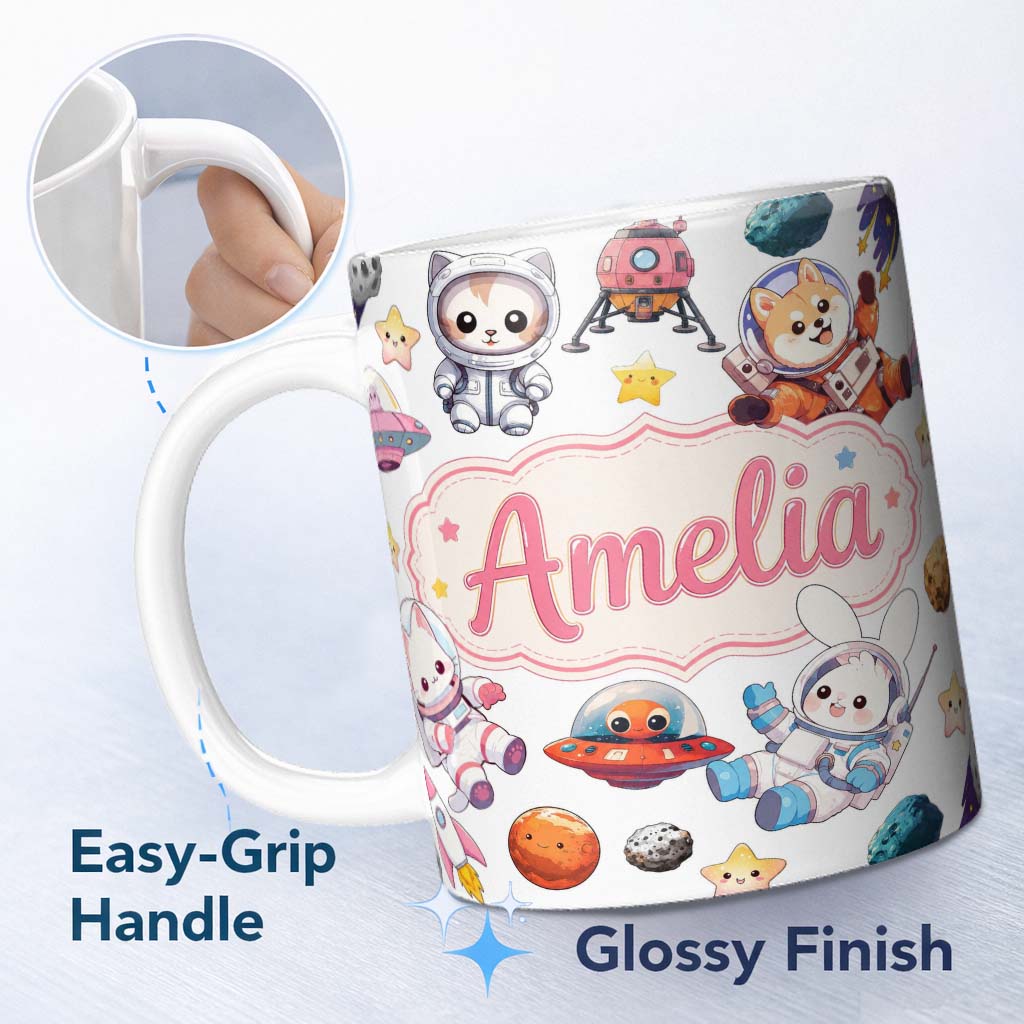 Personalized Custom Name Space Animals Astronaut Dog Bunny UFO Stars Seamless Light Grey 11oz Ceramic Coffee Tea Mug White Large Handle