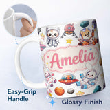 Personalized Custom Name Space Animals Astronaut Dog Bunny UFO Stars Seamless Light Grey 11oz Ceramic Coffee Tea Mug White Large Handle