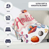 Space Animals Astronaut Dog Bunny UFO Stars Seamless Light Grey  Personalised Custom Name Super Soft Fleece Blanket Bed Sofa Throw