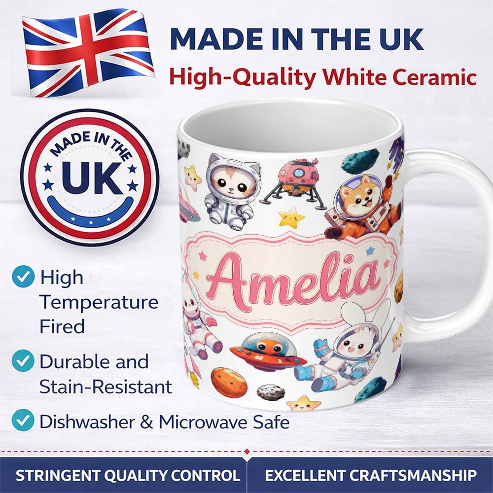 Personalized Custom Name Space Animals Astronaut Dog Bunny UFO Stars Seamless Light Grey 11oz Ceramic Coffee Tea Mug White Large Handle