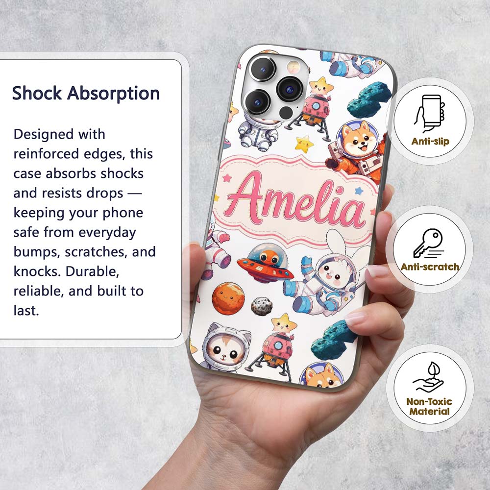 Space Animals Astronaut Dog Bunny Printed Design Custom Name Protective Phone Case Mobile Cover Durable Everyday Smartphone Shock Resistant