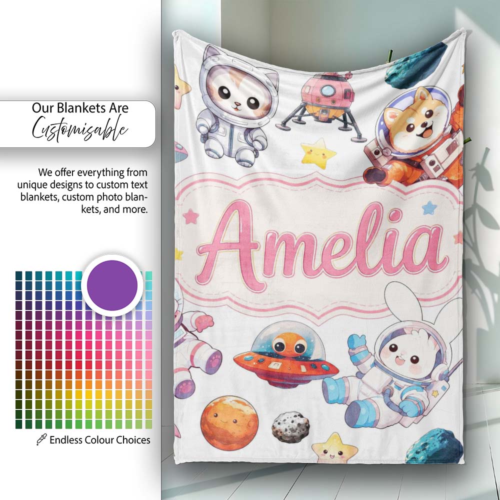 Space Animals Astronaut Dog Bunny UFO Stars Seamless Light Grey  Personalised Custom Name Super Soft Fleece Blanket Bed Sofa Throw