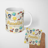 Personalized Custom Name Cute Cartoon Space Rocket Astronaut Sun Earth Clouds Seamless Cream 11oz Ceramic Coffee Tea Mug White Large Handle
