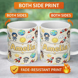 Personalized Custom Name Cute Cartoon Space Rocket Astronaut Sun Earth Clouds Seamless Cream 11oz Ceramic Coffee Tea Mug White Large Handle