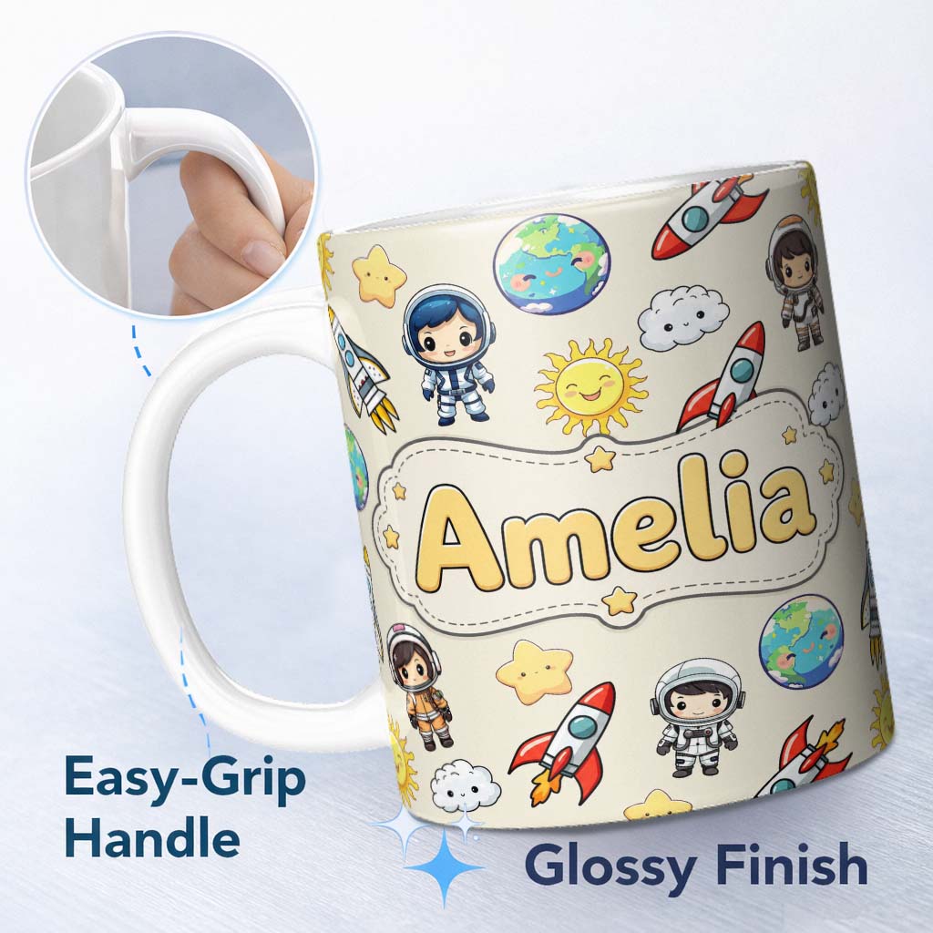 Personalized Custom Name Cute Cartoon Space Rocket Astronaut Sun Earth Clouds Seamless Cream 11oz Ceramic Coffee Tea Mug White Large Handle