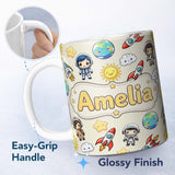 Personalized Custom Name Cute Cartoon Space Rocket Astronaut Sun Earth Clouds Seamless Cream 11oz Ceramic Coffee Tea Mug White Large Handle