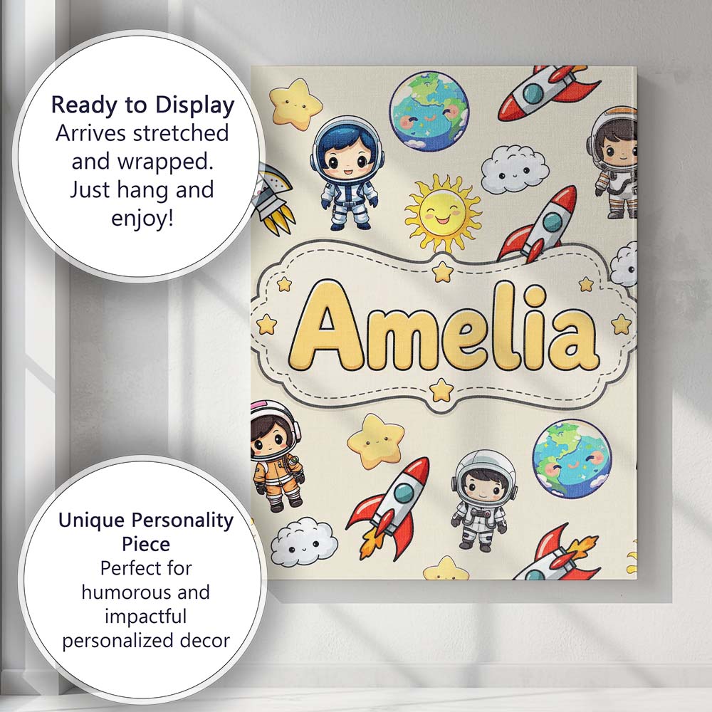 Personalised Name Cute Cartoon Space Rocket Custom  Bespoke Interior Contemporary Canvas Wall Art Print Decor Picture Ready to Hang