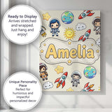 Personalised Name Cute Cartoon Space Rocket Custom  Bespoke Interior Contemporary Canvas Wall Art Print Decor Picture Ready to Hang