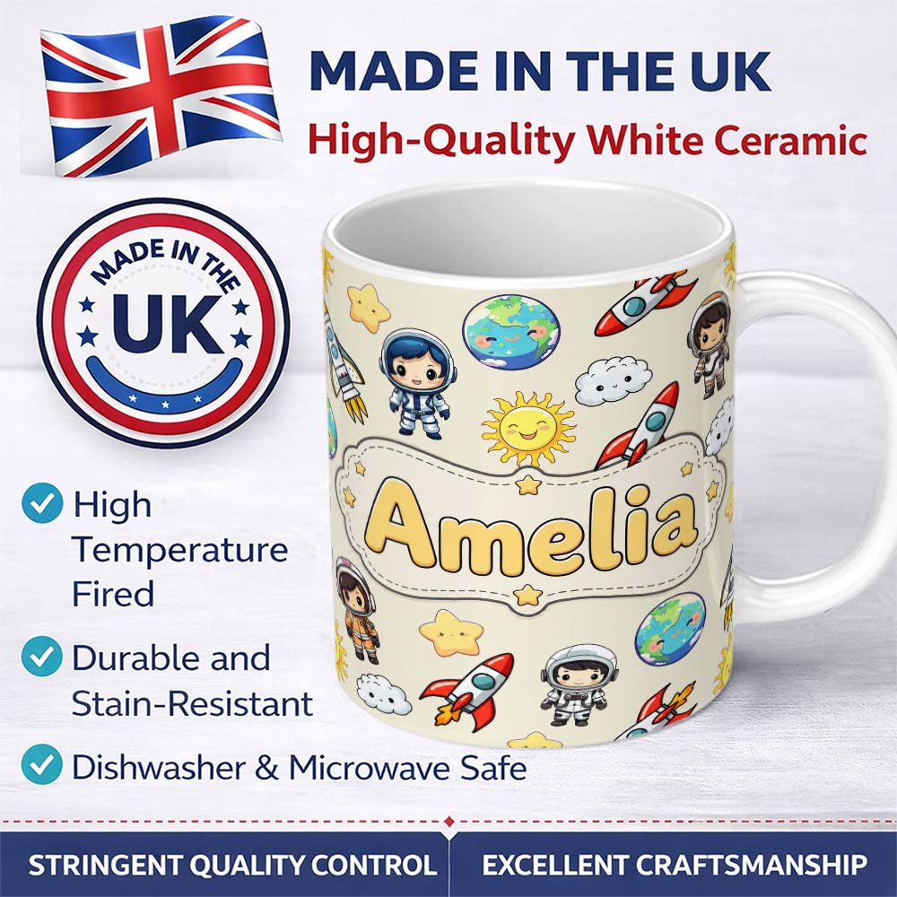 Personalized Custom Name Cute Cartoon Space Rocket Astronaut Sun Earth Clouds Seamless Cream 11oz Ceramic Coffee Tea Mug White Large Handle