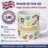 Personalized Custom Name Cute Cartoon Space Rocket Astronaut Sun Earth Clouds Seamless Cream 11oz Ceramic Coffee Tea Mug White Large Handle