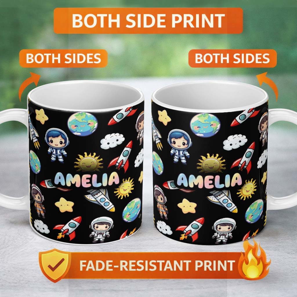 Personalized Custom Name Cute Cartoon Space Rocket Astronaut Sun Earth Clouds Seamless Black 11oz Ceramic Coffee Tea Mug White Large Handle