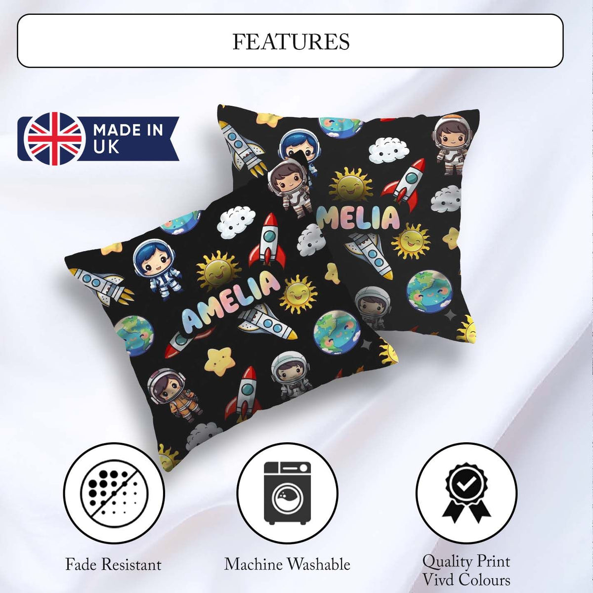 Custom Name Cartoon Space Rocket Sun Earth Clouds Seamless Black Square Filled Cushion Throw Pillow Sofa Bed Home Decor Zip Washable UK Made