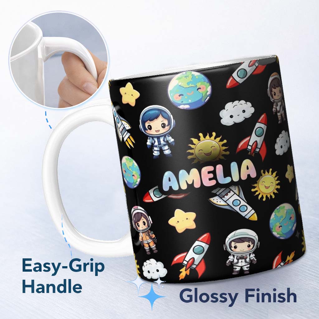 Personalized Custom Name Cute Cartoon Space Rocket Astronaut Sun Earth Clouds Seamless Black 11oz Ceramic Coffee Tea Mug White Large Handle