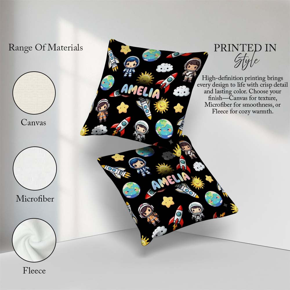 Custom Name Cartoon Space Rocket Sun Earth Clouds Seamless Black Square Filled Cushion Throw Pillow Sofa Bed Home Decor Zip Washable UK Made