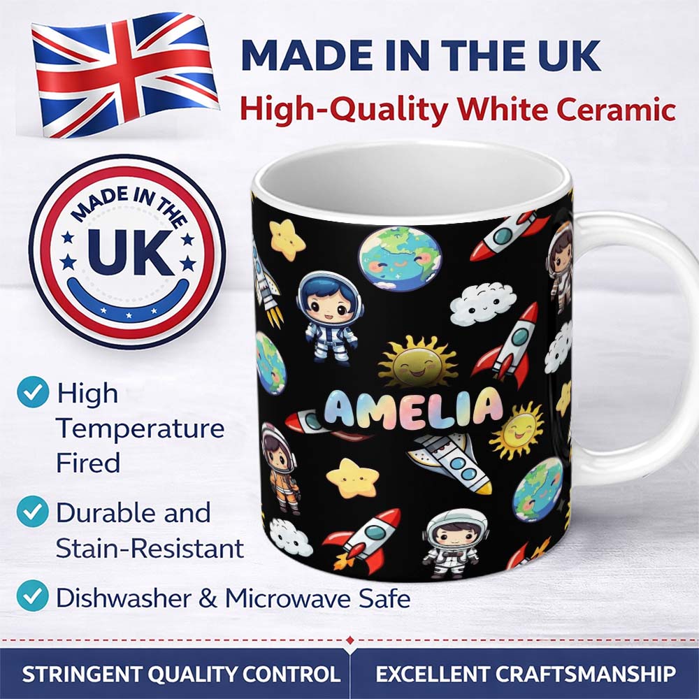 Personalized Custom Name Cute Cartoon Space Rocket Astronaut Sun Earth Clouds Seamless Black 11oz Ceramic Coffee Tea Mug White Large Handle