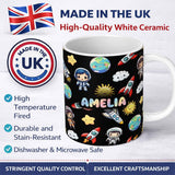 Personalized Custom Name Cute Cartoon Space Rocket Astronaut Sun Earth Clouds Seamless Black 11oz Ceramic Coffee Tea Mug White Large Handle