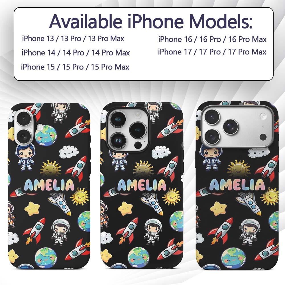 Cute Cartoon Space Rocket Astronaut Sun Earth Custom Name Protective Phone Case Mobile Cover Durable Everyday Smartphone Shock Resistant