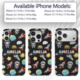 Cute Cartoon Space Rocket Astronaut Sun Earth Custom Name Protective Phone Case Mobile Cover Durable Everyday Smartphone Shock Resistant