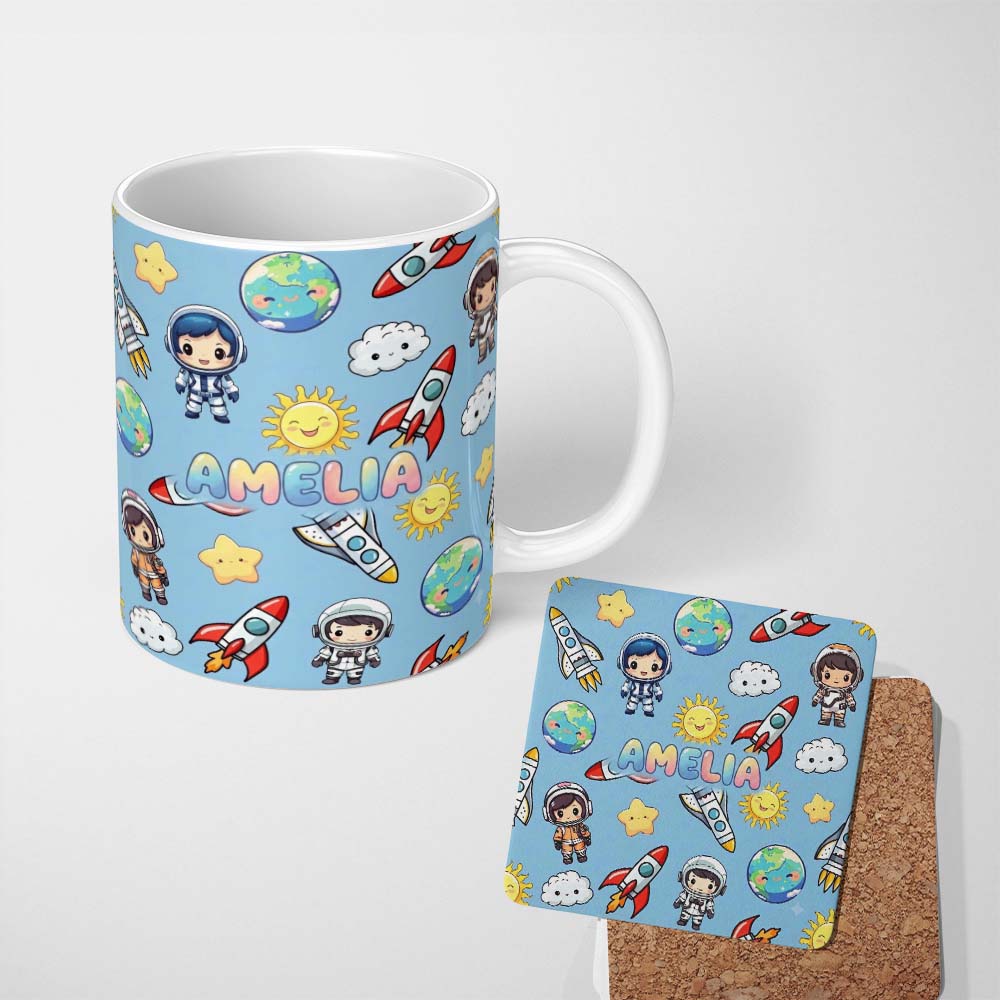 Personalized Custom Name Cute Cartoon Space Rockets Sun Earth Clouds Stars Seamless Blue 11oz Ceramic Coffee Tea Mug White Large Handle