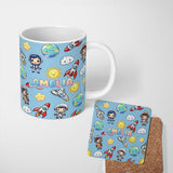 Personalized Custom Name Cute Cartoon Space Rockets Sun Earth Clouds Stars Seamless Blue 11oz Ceramic Coffee Tea Mug White Large Handle