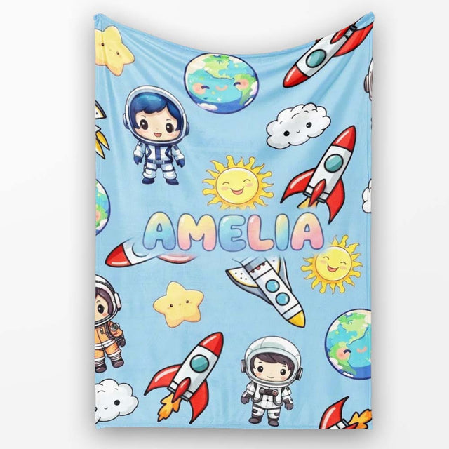 Cute Cartoon Space Rockets Sun Earth Clouds Stars Seamless Blue  Personalised Custom Name Super Soft Fleece Blanket Bed Sofa Throw