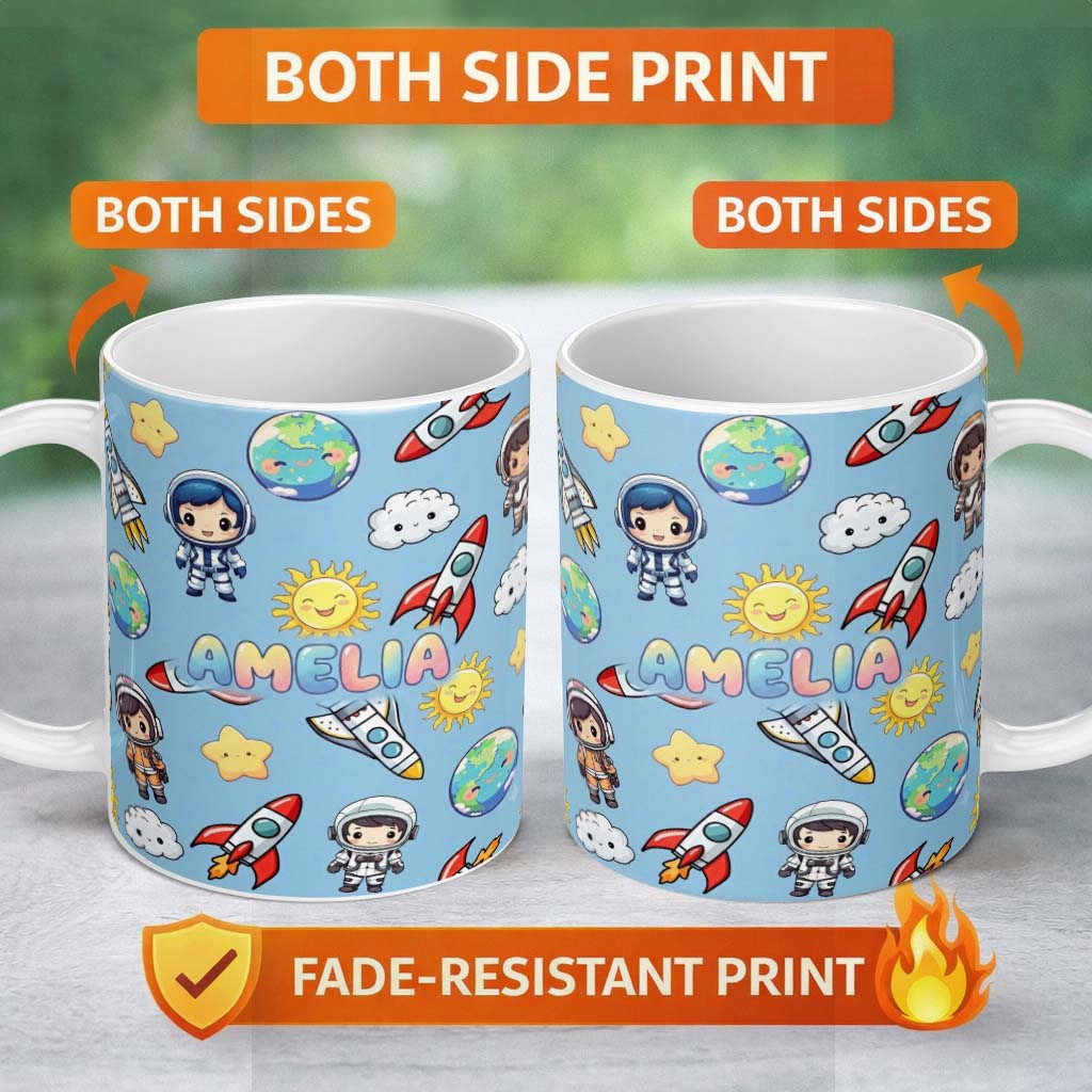 Personalized Custom Name Cute Cartoon Space Rockets Sun Earth Clouds Stars Seamless Blue 11oz Ceramic Coffee Tea Mug White Large Handle