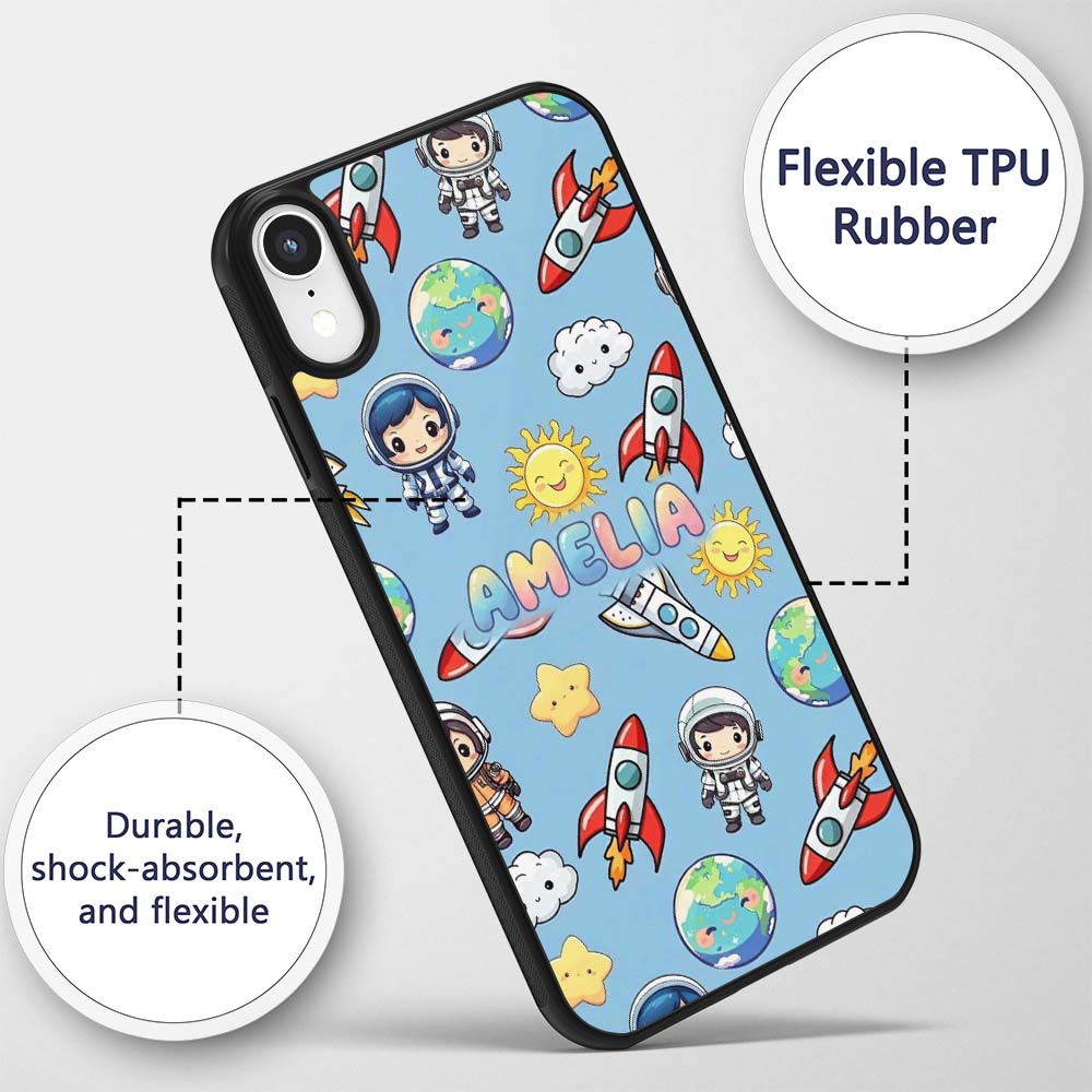 Cute Cartoon Space Rockets Sun Earth Clouds Stars Custom Name Protective Phone Case Mobile Cover Durable Everyday Smartphone Shock Resistant