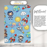 Cute Cartoon Space Rockets Sun Earth Clouds Stars Seamless Blue  Personalised Custom Name Super Soft Fleece Blanket Bed Sofa Throw