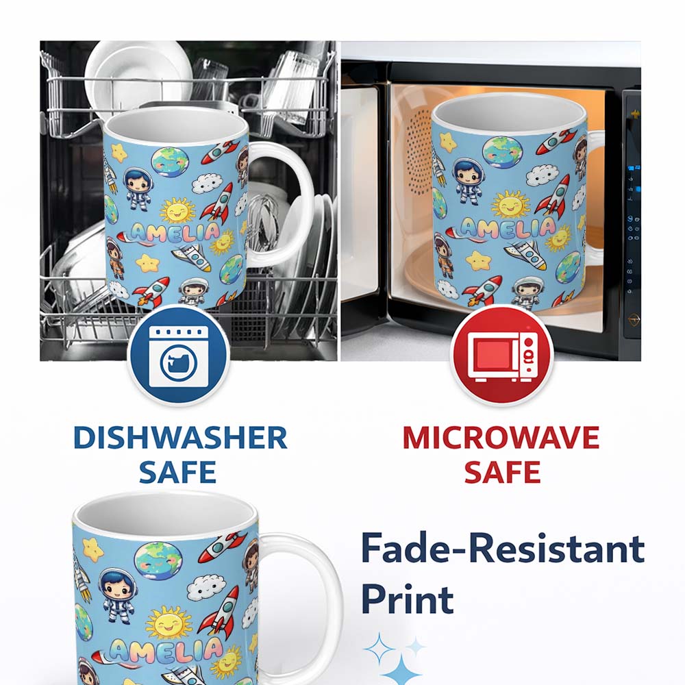 Personalized Custom Name Cute Cartoon Space Rockets Sun Earth Clouds Stars Seamless Blue 11oz Ceramic Coffee Tea Mug White Large Handle