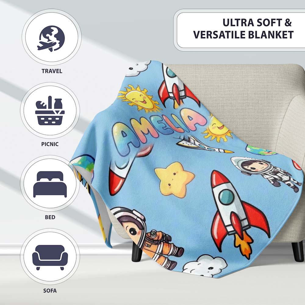 Cute Cartoon Space Rockets Sun Earth Clouds Stars Seamless Blue  Personalised Custom Name Super Soft Fleece Blanket Bed Sofa Throw