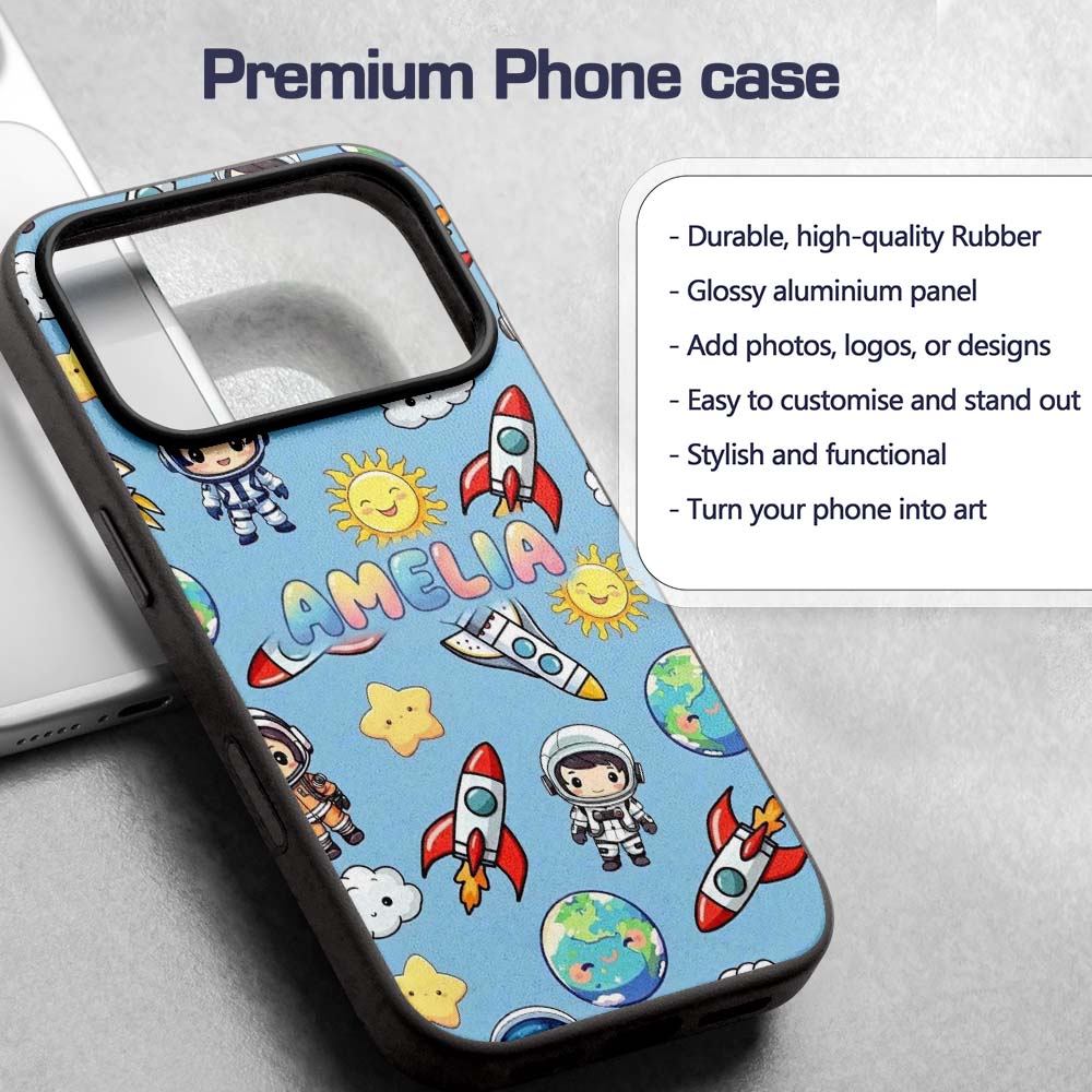 Cute Cartoon Space Rockets Sun Earth Clouds Stars Custom Name Protective Phone Case Mobile Cover Durable Everyday Smartphone Shock Resistant