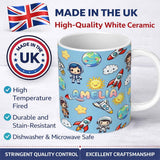 Personalized Custom Name Cute Cartoon Space Rockets Sun Earth Clouds Stars Seamless Blue 11oz Ceramic Coffee Tea Mug White Large Handle