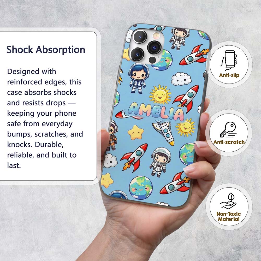 Cute Cartoon Space Rockets Sun Earth Clouds Stars Custom Name Protective Phone Case Mobile Cover Durable Everyday Smartphone Shock Resistant