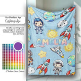Cute Cartoon Space Rockets Sun Earth Clouds Stars Seamless Blue  Personalised Custom Name Super Soft Fleece Blanket Bed Sofa Throw