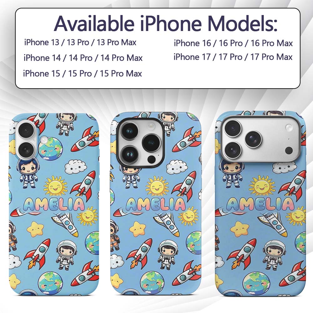 Cute Cartoon Space Rockets Sun Earth Clouds Stars Custom Name Protective Phone Case Mobile Cover Durable Everyday Smartphone Shock Resistant