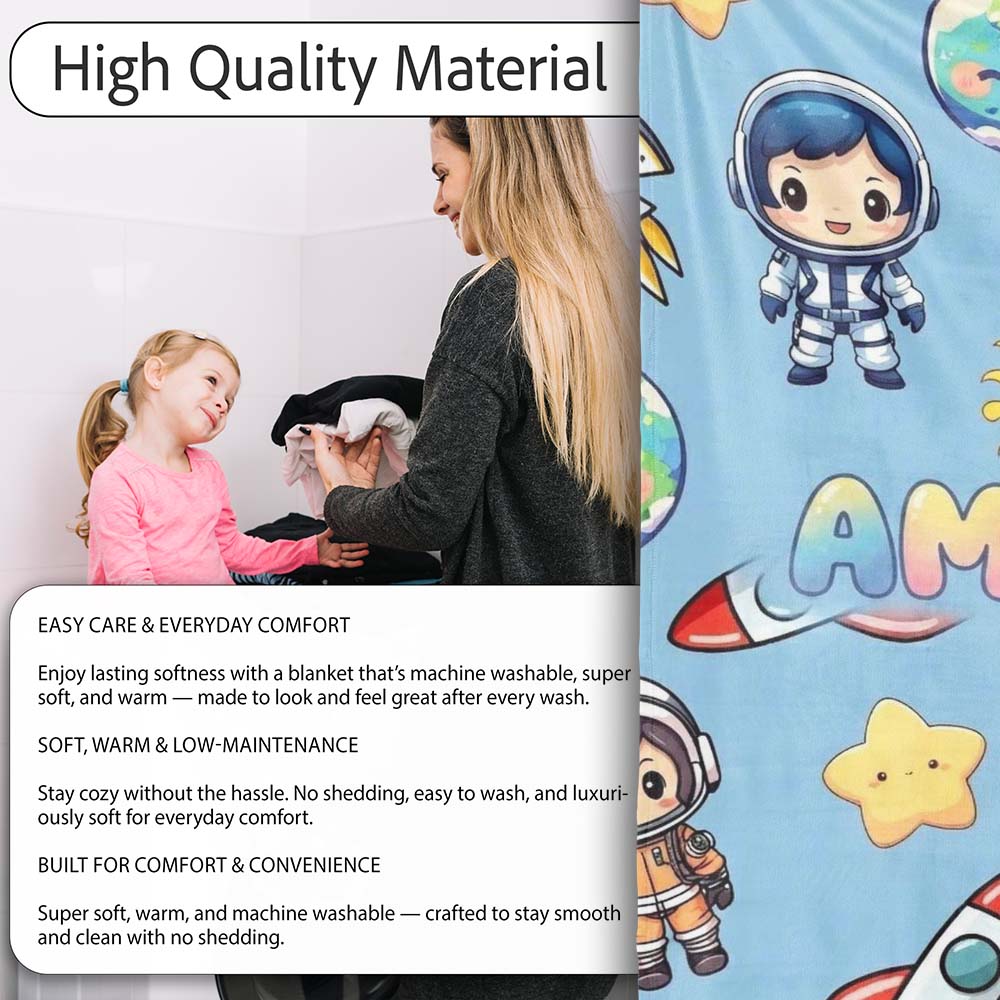 Cute Cartoon Space Rockets Sun Earth Clouds Stars Seamless Blue  Personalised Custom Name Super Soft Fleece Blanket Bed Sofa Throw